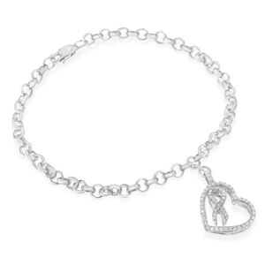 .925 Sterling Silver 1/4 Cttw Diamond-Accented Heart and Ribbon Charm 7" Link